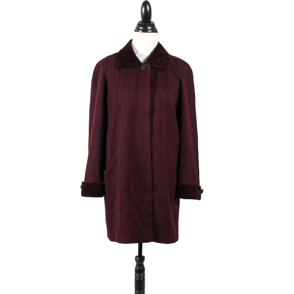 Vintage 1980s Burgundy Wool Jacket with Leopard Print Trim Retro Old Hollywood